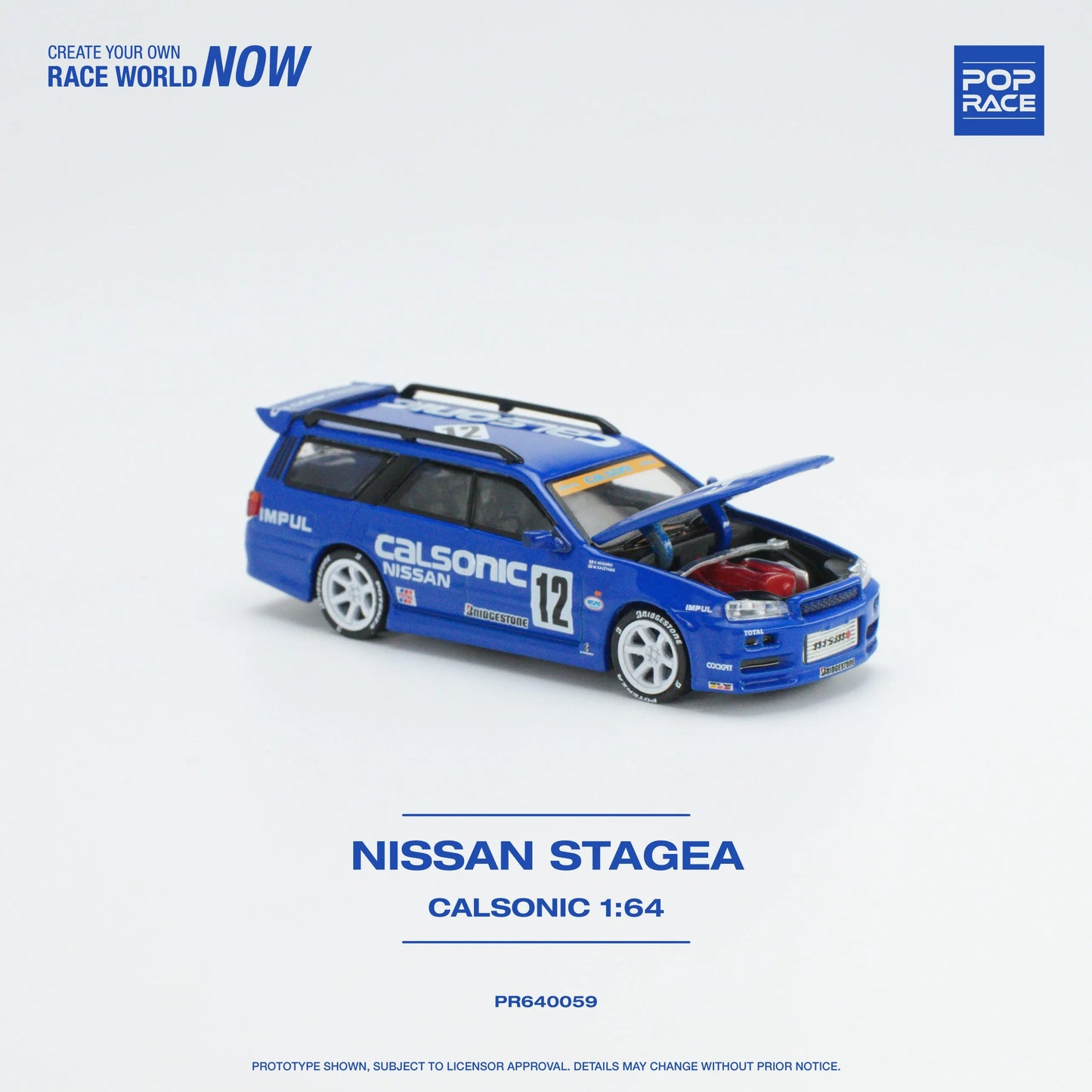 Nissan Stagea R34 Calsonic 1:64 diecast model front three-quarter view