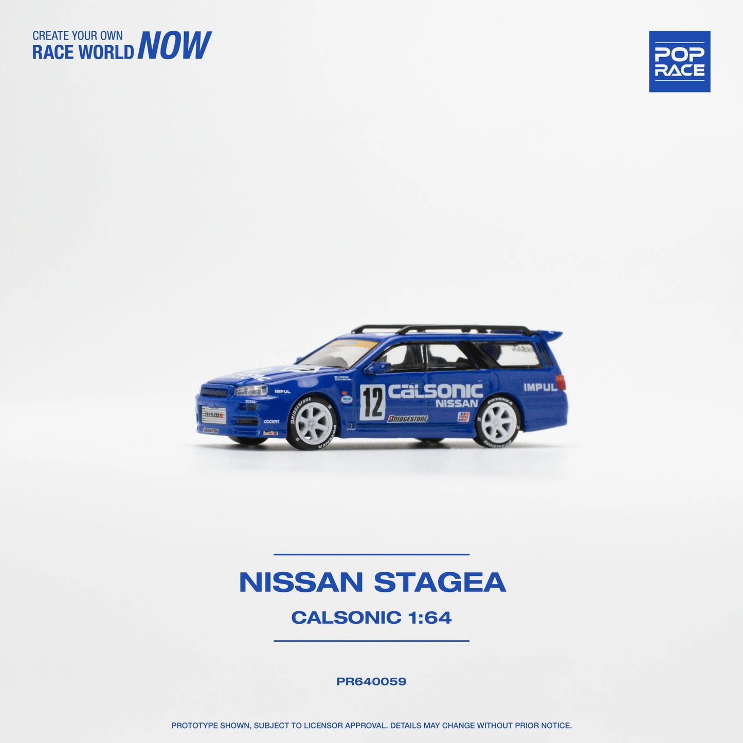 Nissan Stagea R34 Calsonic 1:64 diecast model front three-quarter view