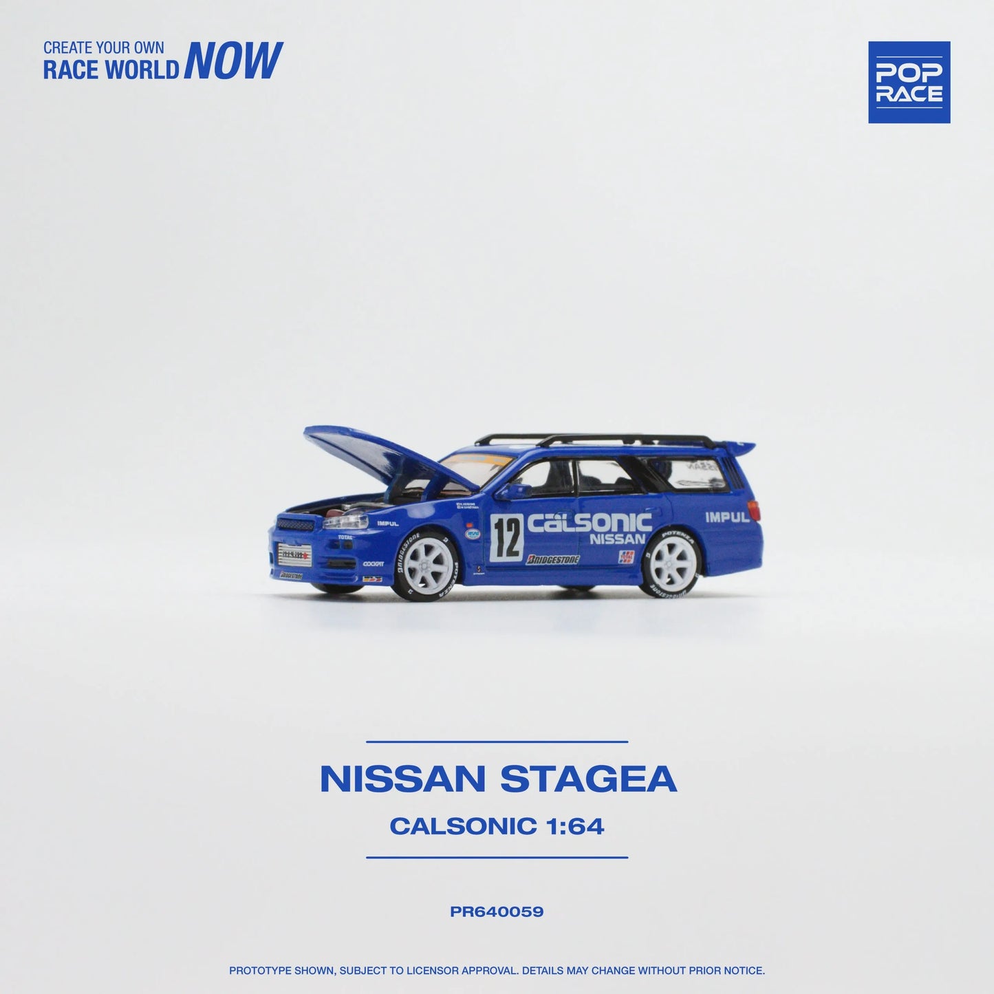 Pop Race Nissan Stagea R34 Calsonic 1:64 diecast with open hood detail