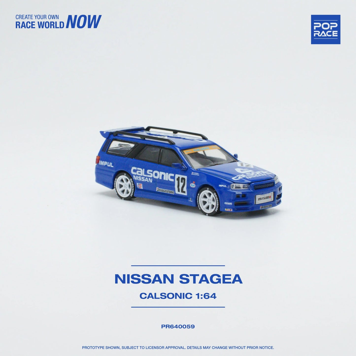 Nissan Stagea R34 Calsonic 1:64 diecast model front three-quarter view