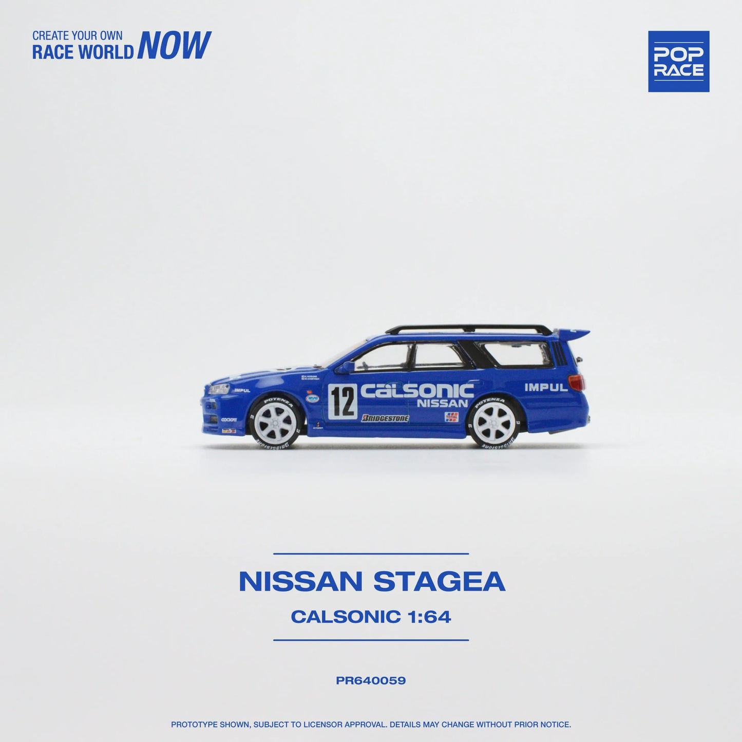 Pop Race Nissan Stagea R34 Calsonic side profile view