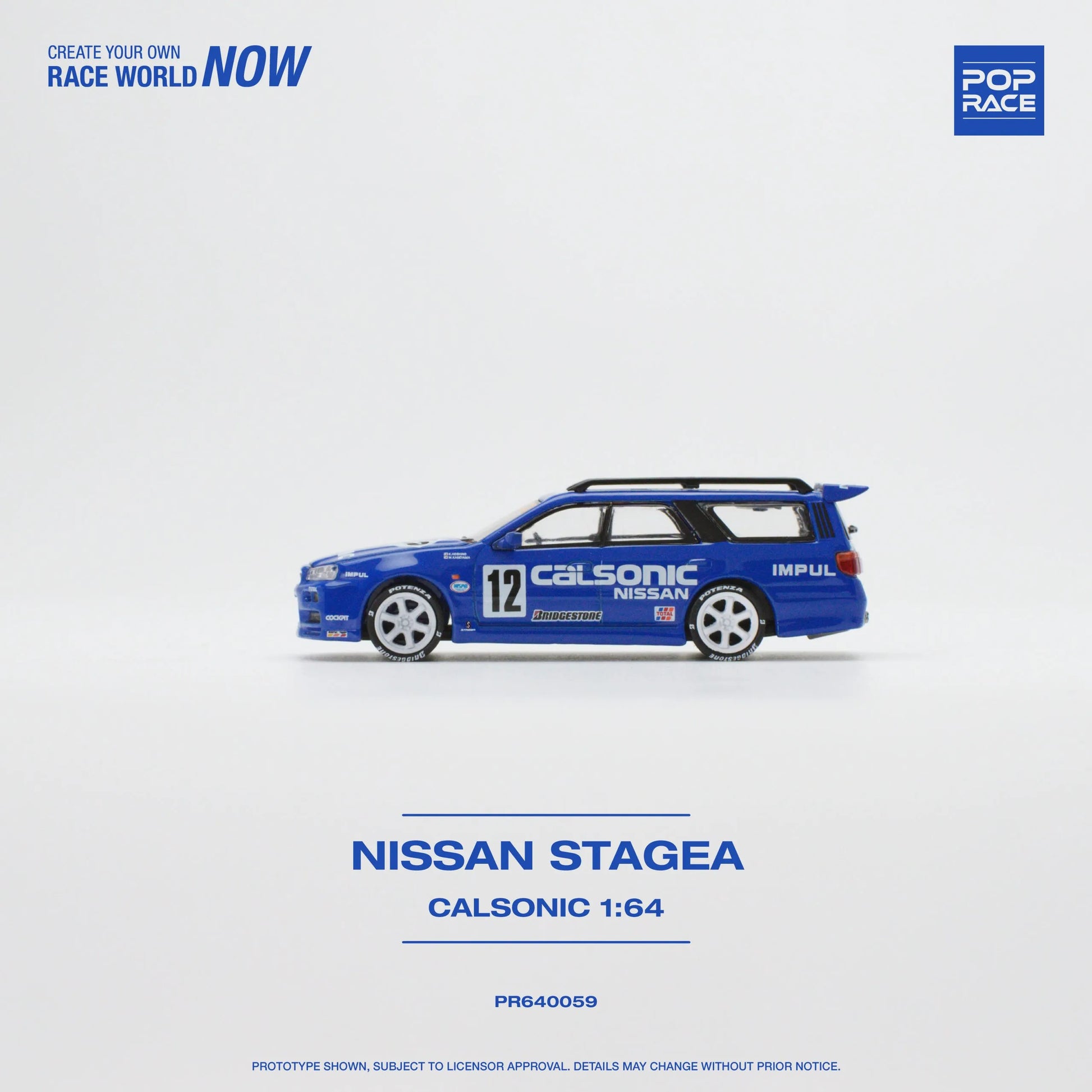 Pop Race Nissan Stagea R34 Calsonic side profile view