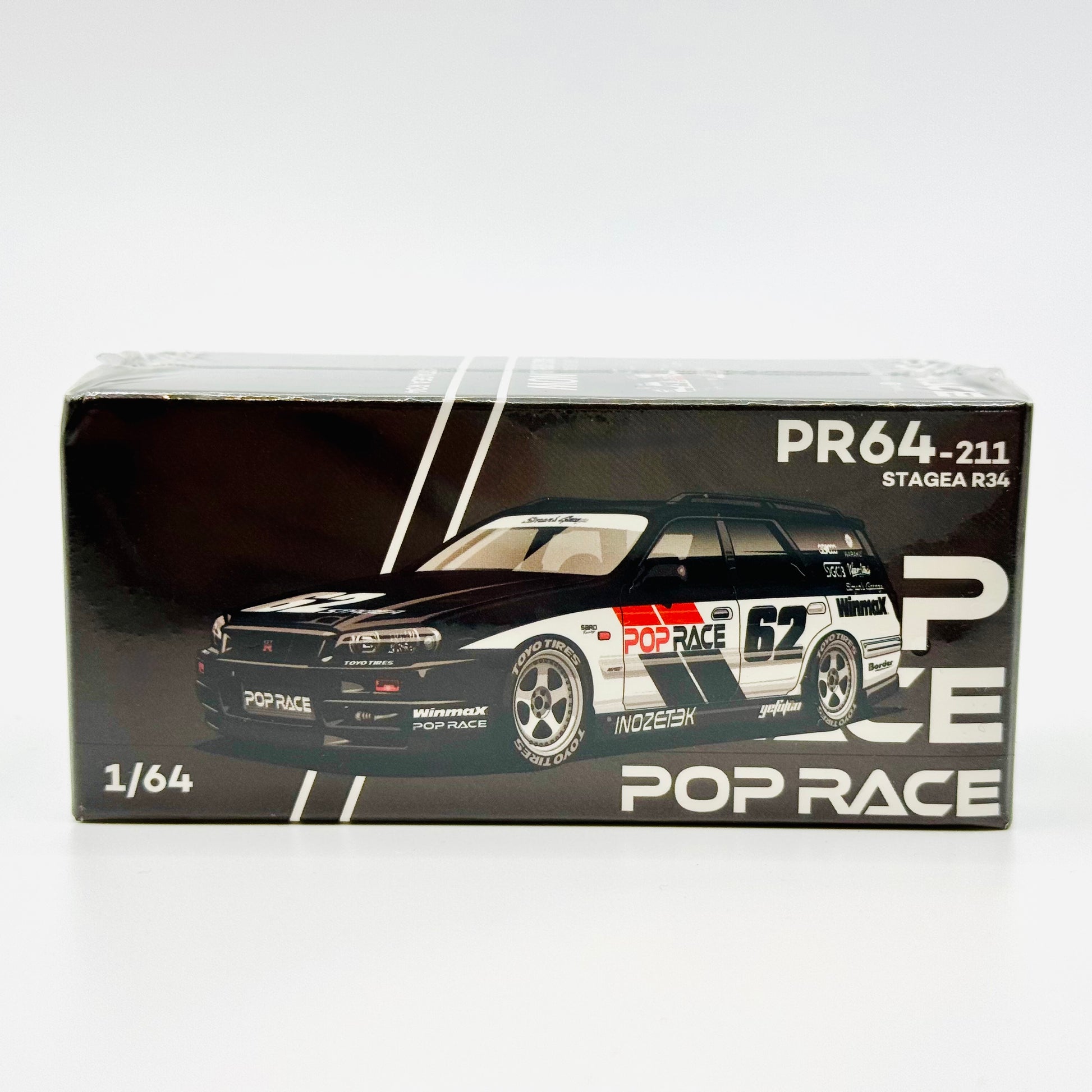 Pop Race Nissan Stagea R34 Simon’s Garage #62 Black 1:64 diecast box front view