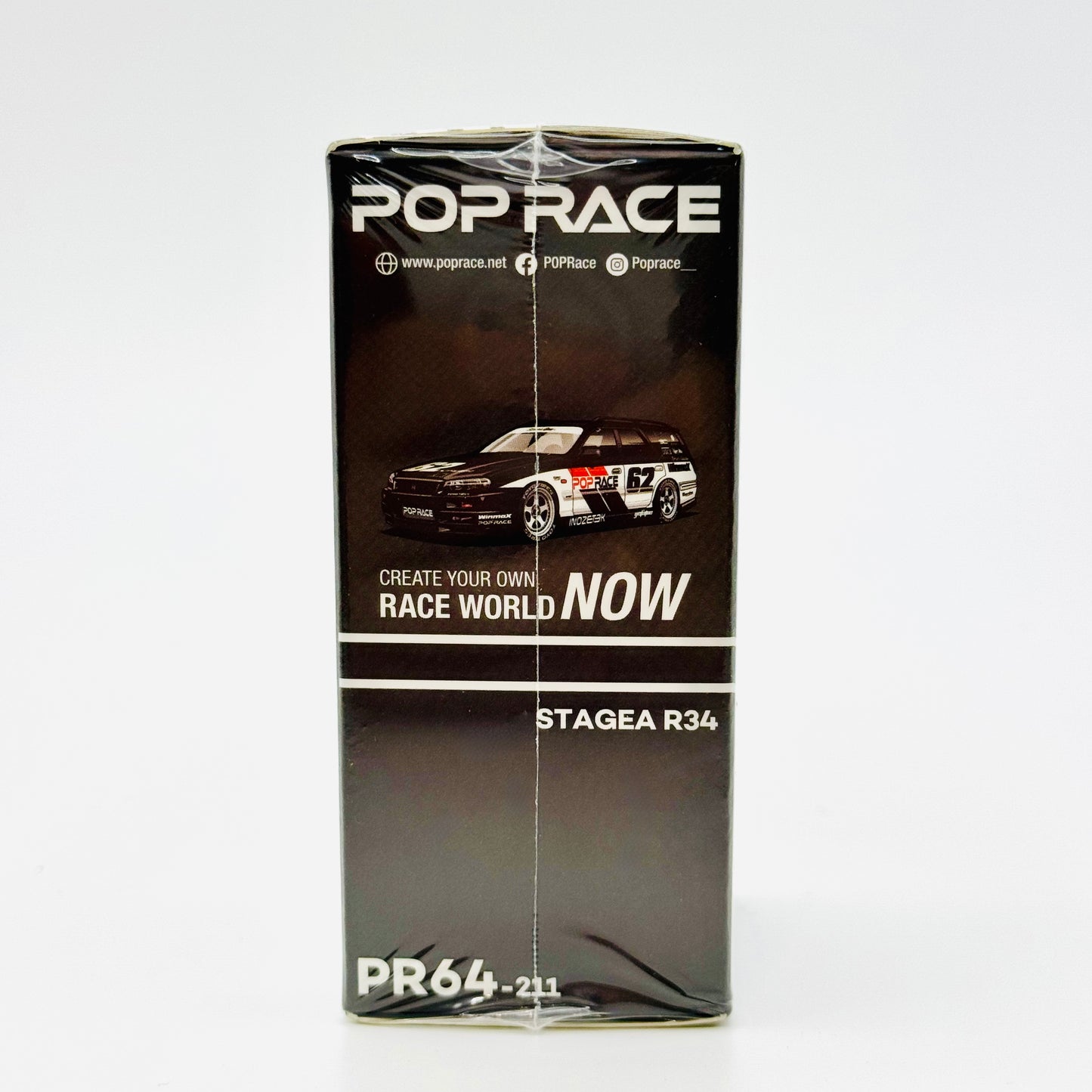 Nissan Stagea R34 Simon’s Garage #62 1:64 by Pop Race box side angle