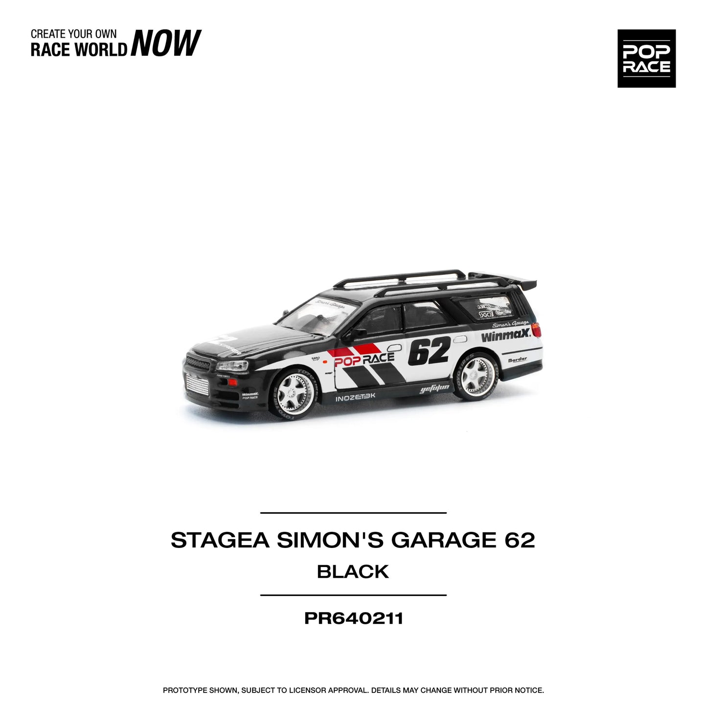Nissan Stagea R34 Simon’s Garage #62 Black 1:64 front three-quarter view