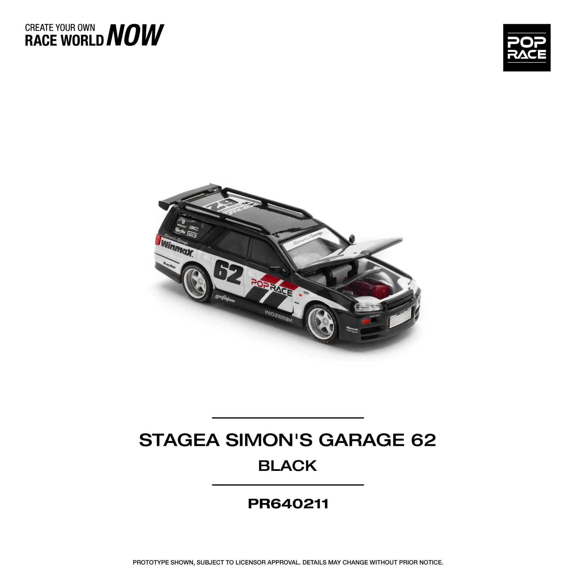 Pop Race Nissan Stagea R34 Simon’s Garage #62 1:64 diecast open hood engine detail