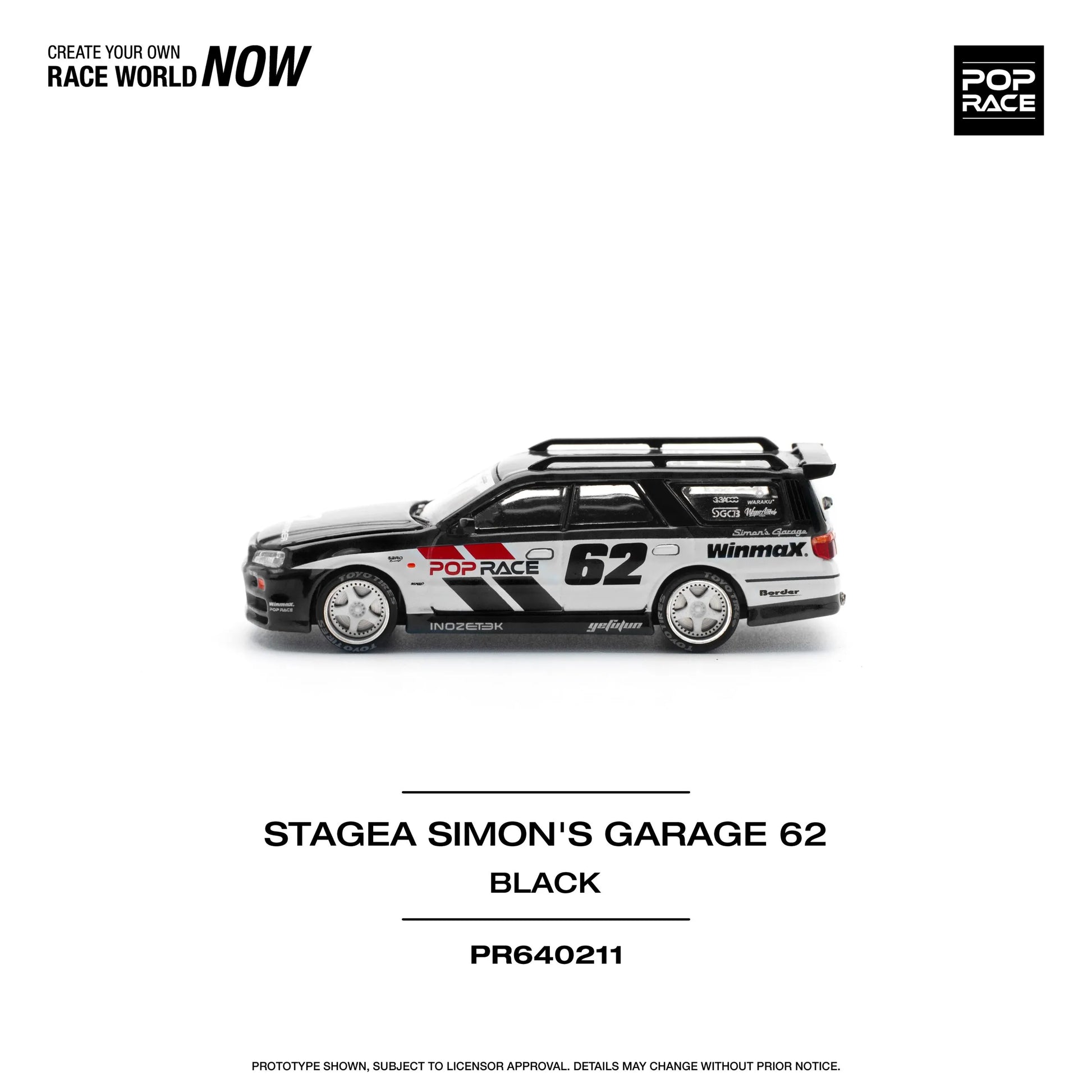 Pop Race Nissan Stagea R34 Simon’s Garage #62 Black side profile view