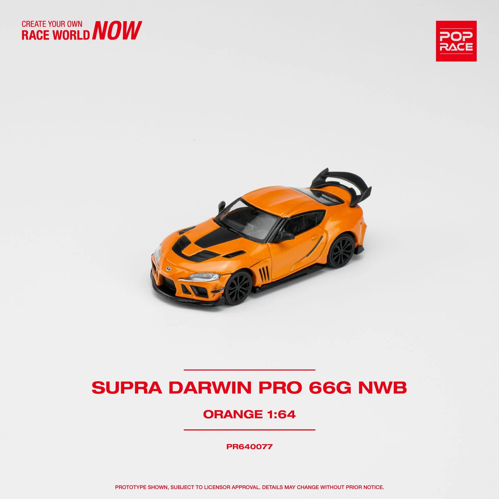 Side view of 1:64 scale Supra A90 Darwin Pro 66G in orange by Pop Race