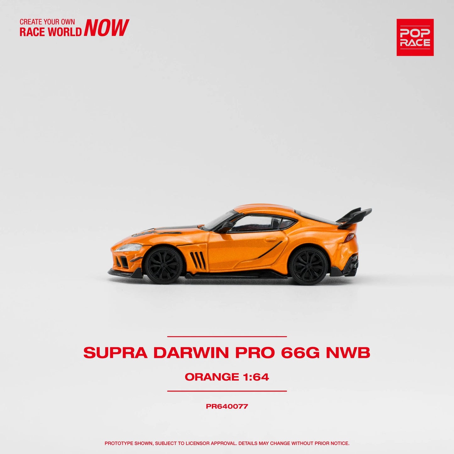 Side view of 1:64 scale Supra A90 Darwin Pro 66G in orange by Pop Race