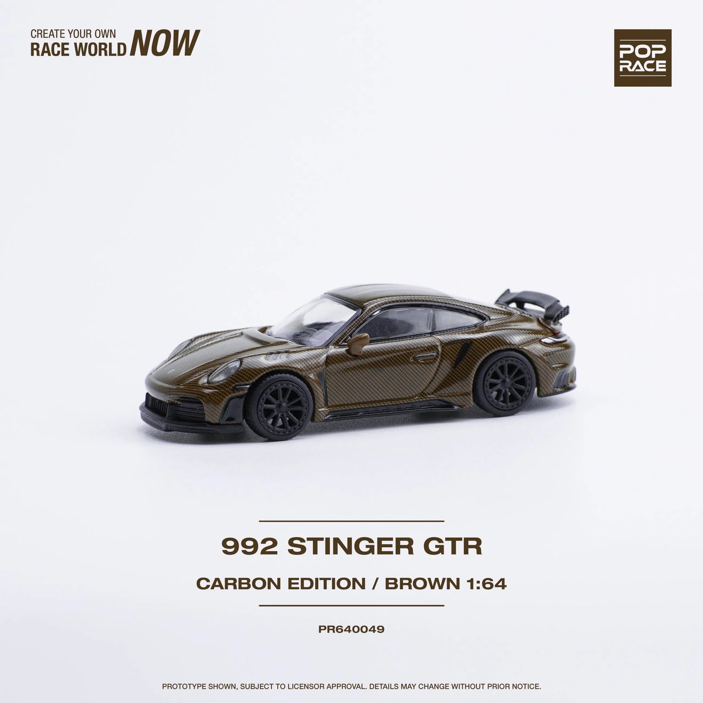 Angled front-left view of Porsche 992 Stinger GTR Carbon Brown 1:64 display model