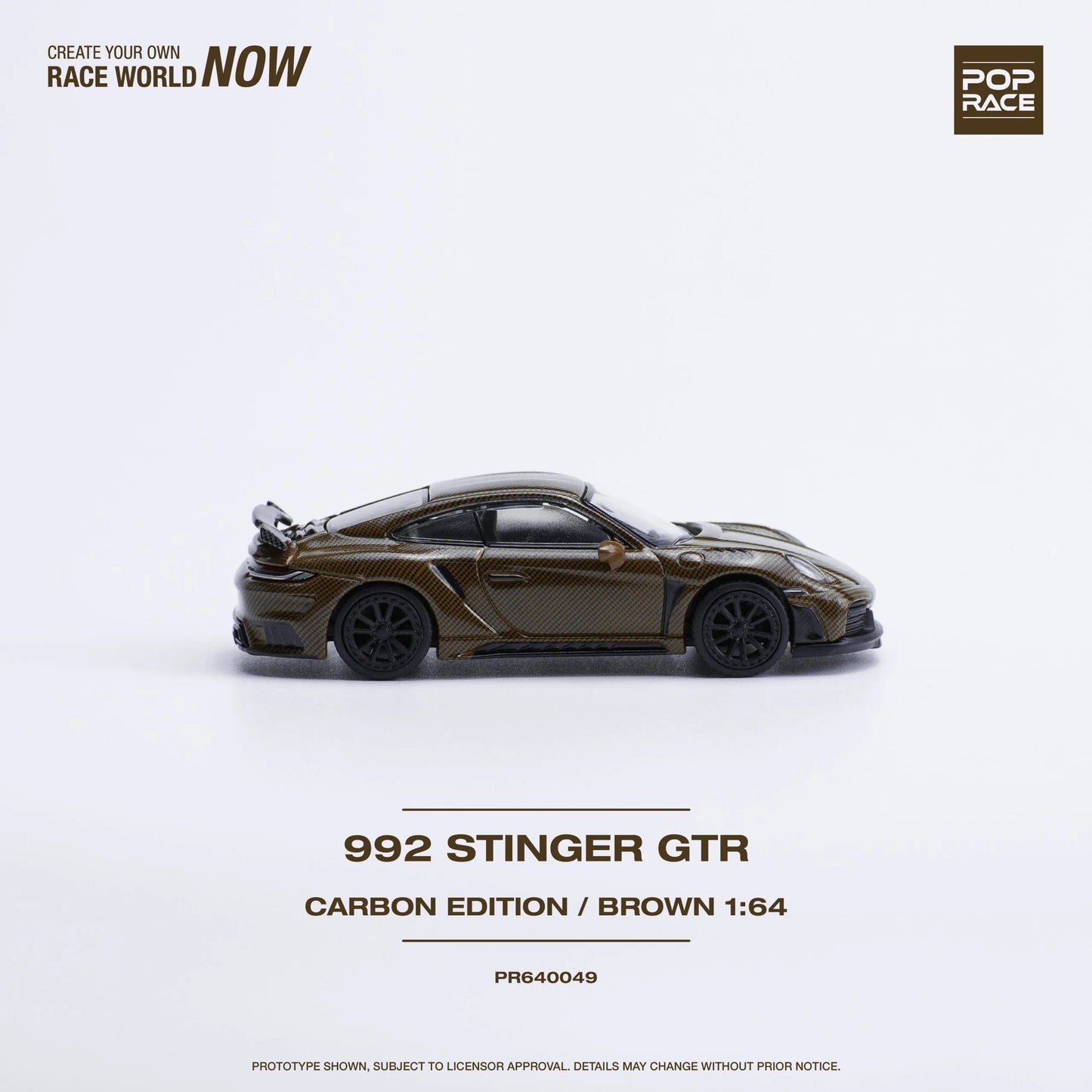 Angled front-right view of 1:64 Porsche 992 Stinger GTR Carbon Edition by Pop Race