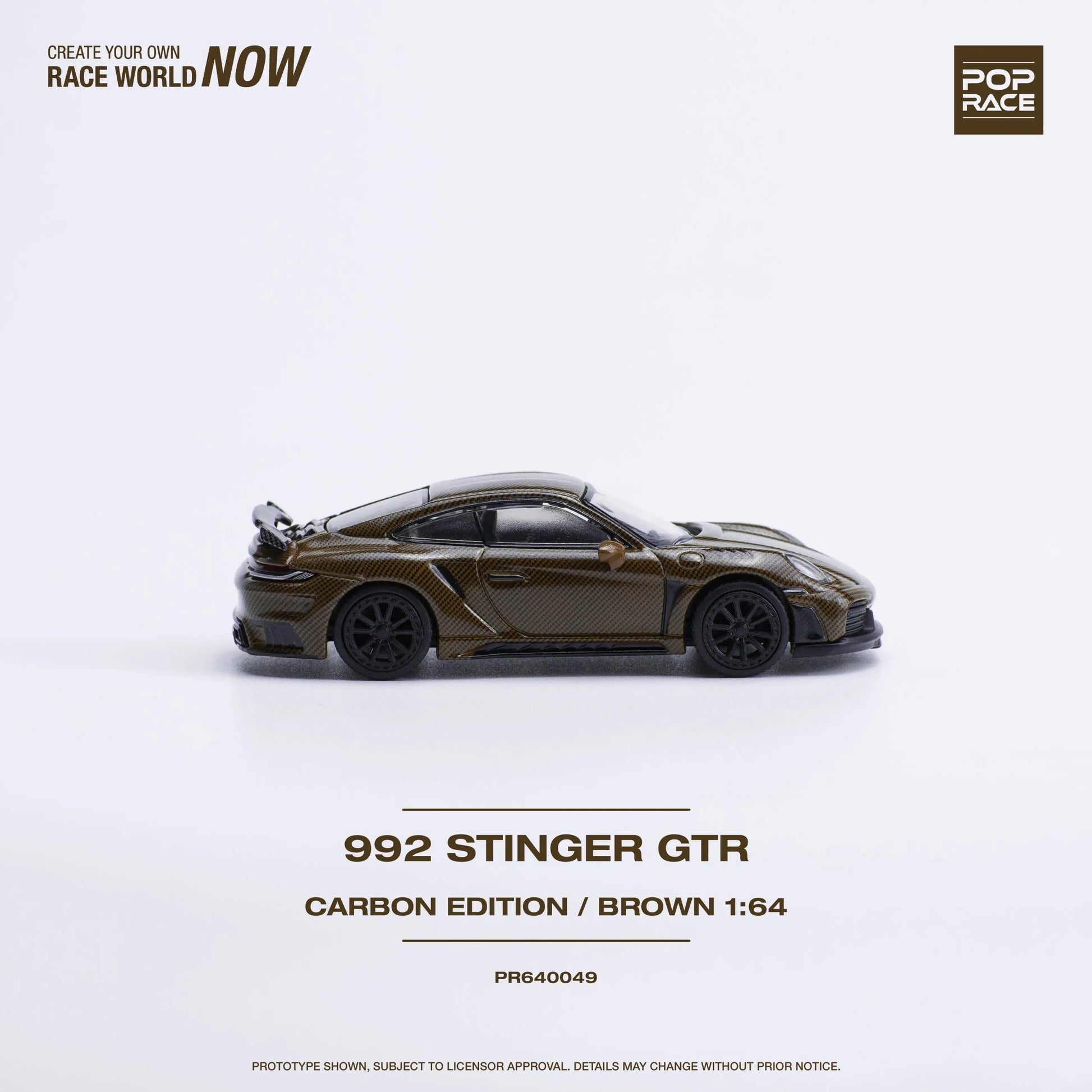 Angled front-right view of 1:64 Porsche 992 Stinger GTR Carbon Edition by Pop Race