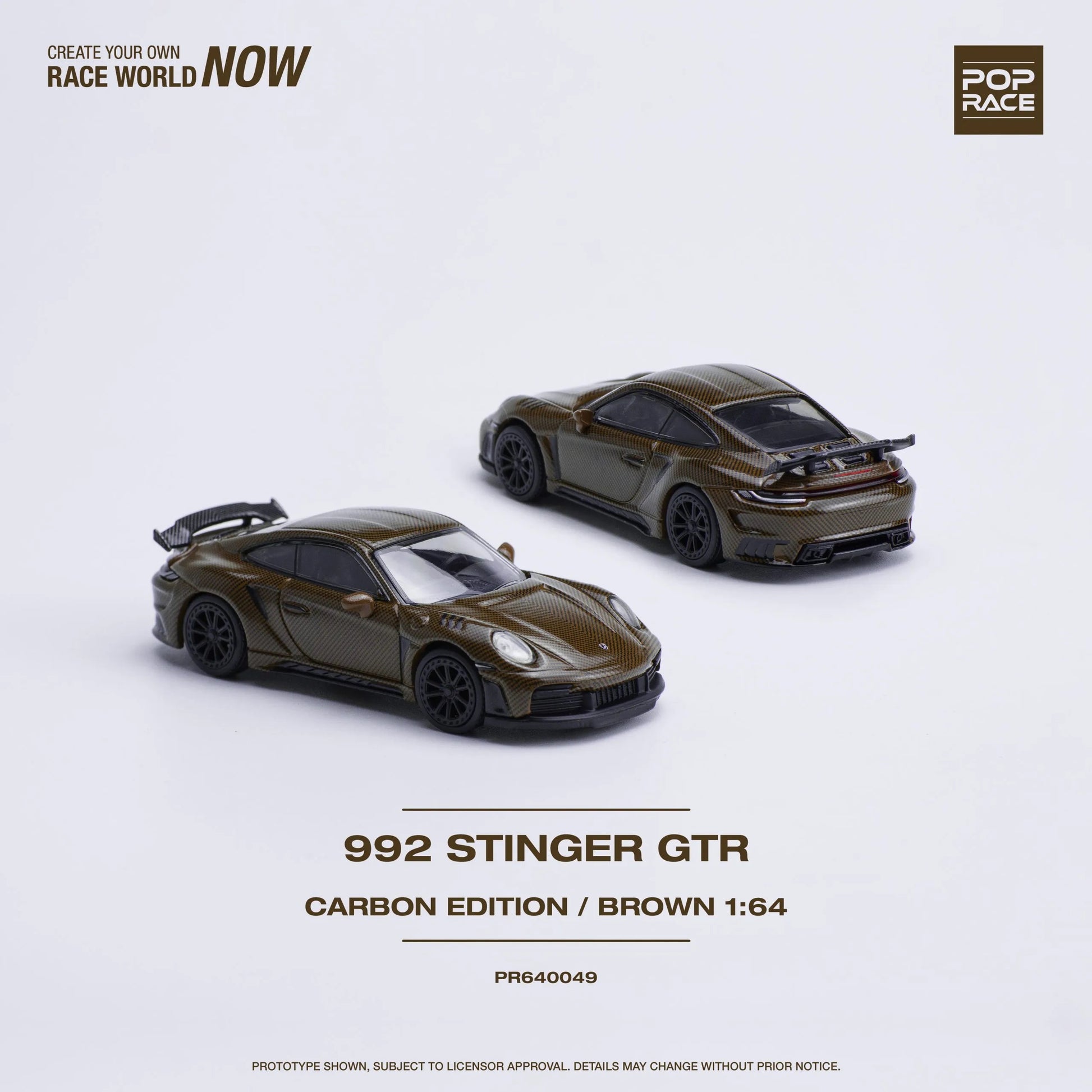 Front and back view of Porsche 992 Stinger GTR Carbon Brown 1:64 diecast model out of box