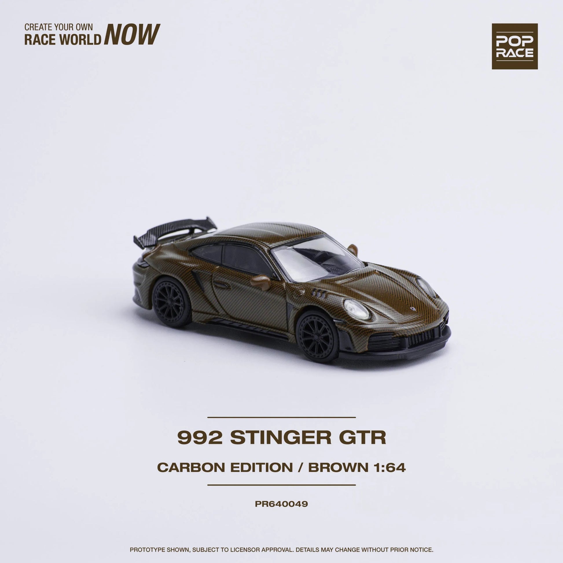 Front view of Porsche 992 Stinger GTR Carbon Brown 1:64 diecast model out of box
