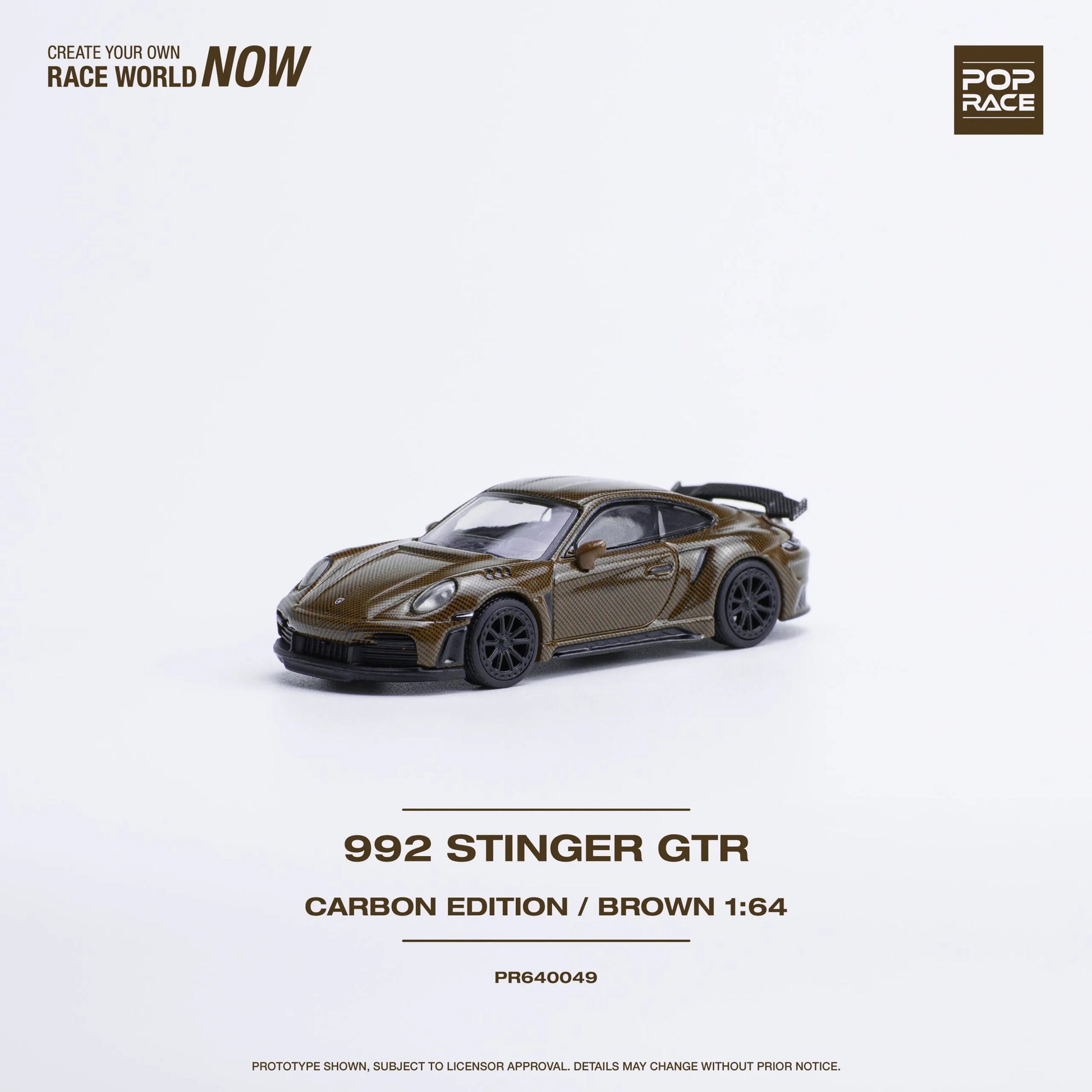 Left side profile of Porsche 992 Stinger GTR Carbon Edition Brown 1:64 diecast car