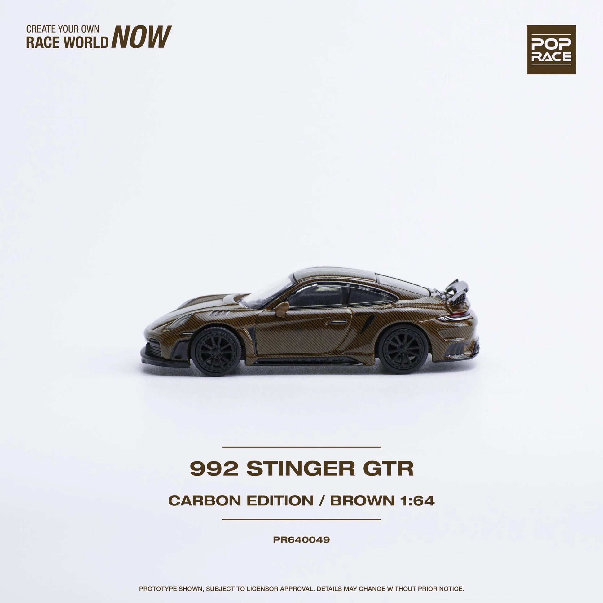 Left side profile of Porsche 992 Stinger GTR Carbon Edition Brown 1:64 diecast car