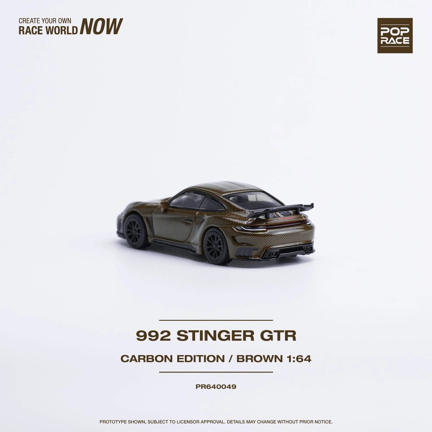 Rear view of Porsche 992 Stinger GTR Carbon Edition in Brown, 1:64 scale display model