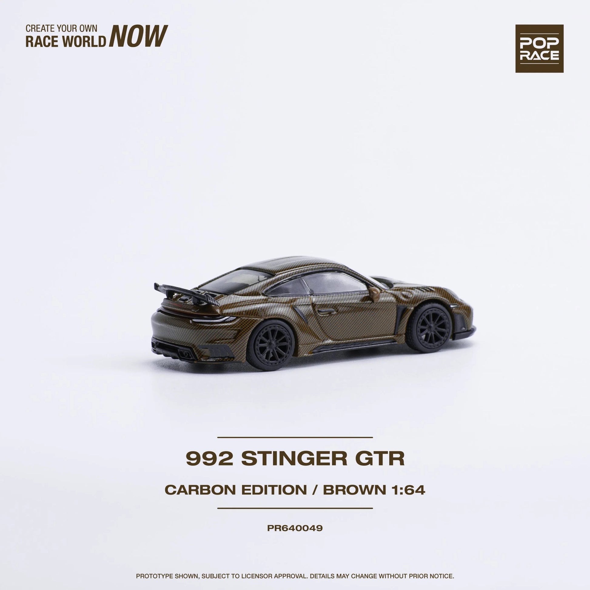 Right side view of 1:64 Porsche 992 Stinger GTR Carbon Edition Brown by Pop Race