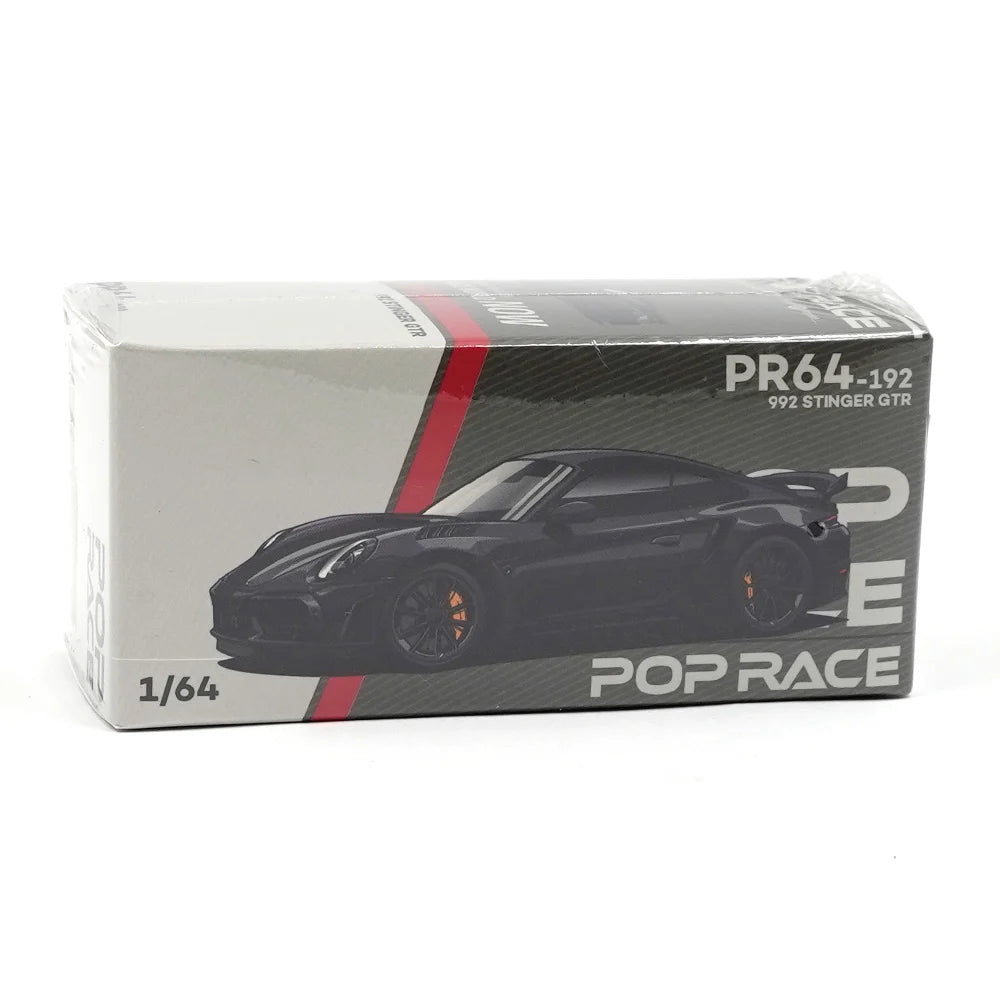 Front boxed view of Pop Race Porsche 992 Stinger GTR Carbon Edition Redline 1:64 diecast model