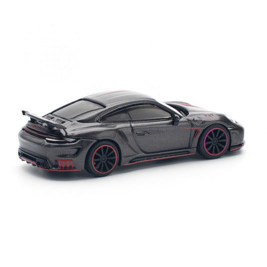 Rear view of Pop Race Porsche 992 Stinger GTR Carbon Edition Redline diecast collectible