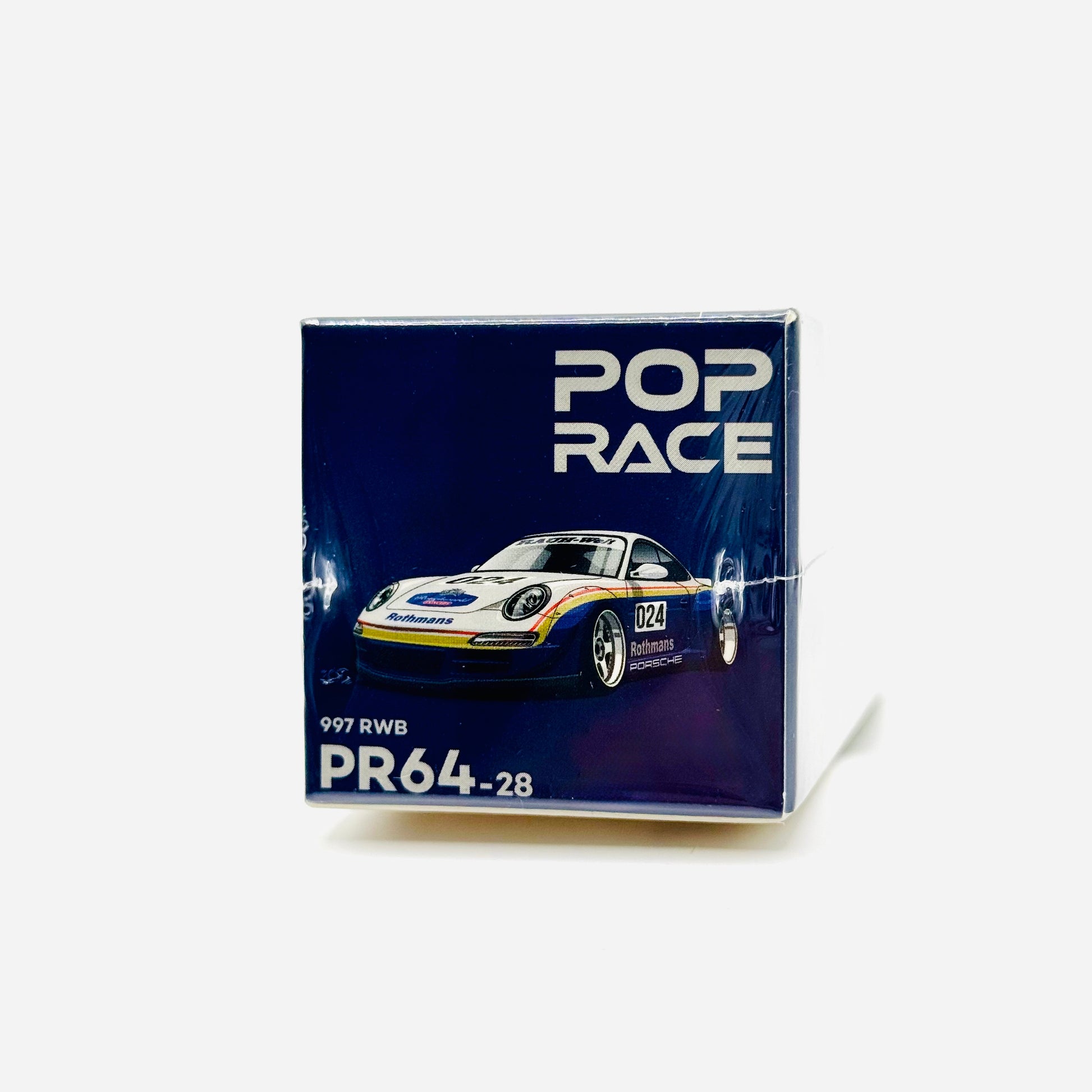 Angled boxed shot of Pop Race Porsche RWB 997 Rothmans diecast car