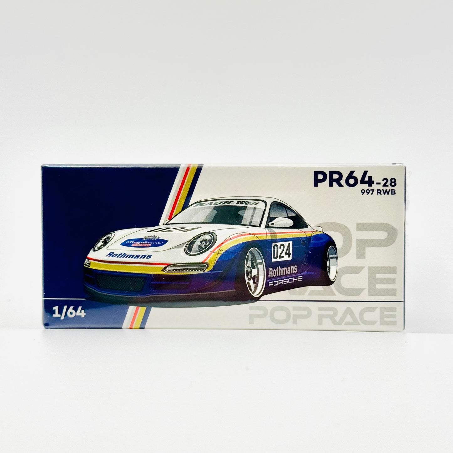 Front boxed view of Pop Race Porsche RWB 997 Rothmans 1:64 diecast model