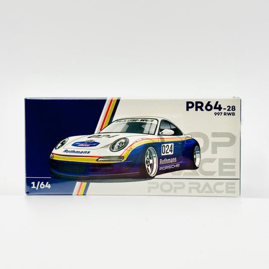 Front boxed view of Pop Race Porsche RWB 997 Rothmans 1:64 diecast model