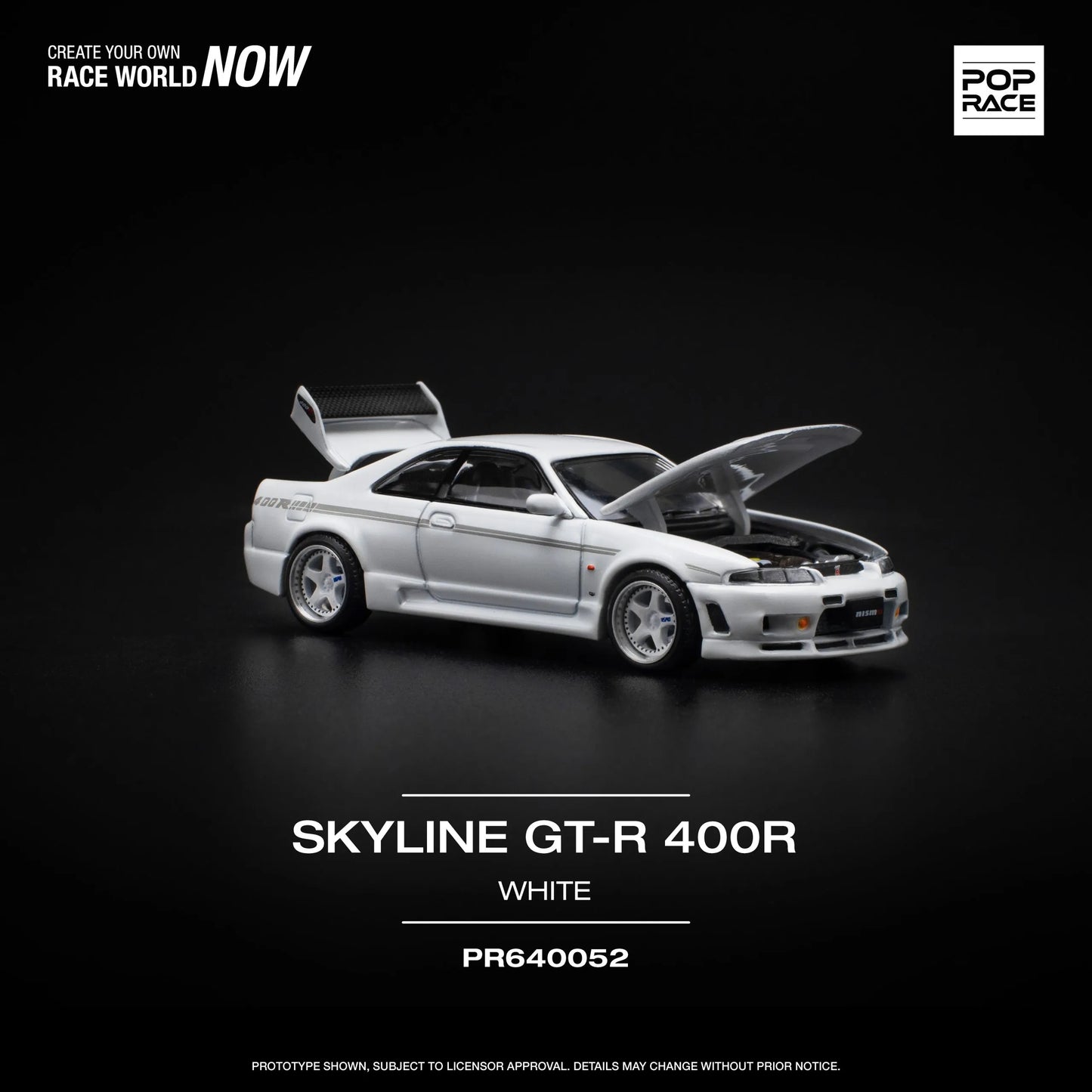 Front view of Nissan GT-R R33 Nismo 400R White 1:64 model car unboxed with hood open