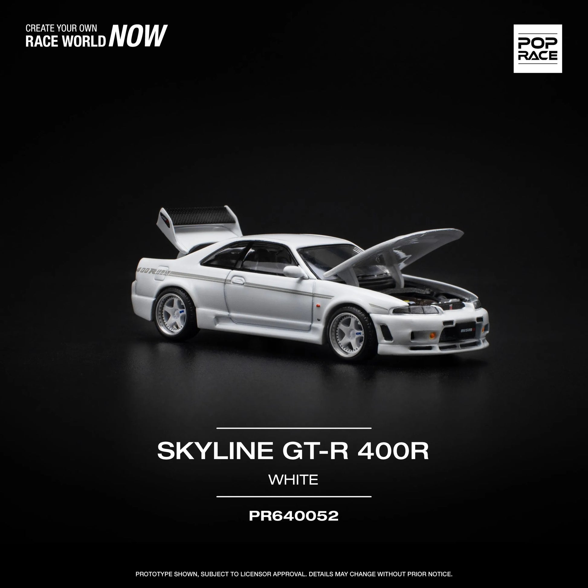 Front view of Nissan GT-R R33 Nismo 400R White 1:64 model car unboxed with hood open