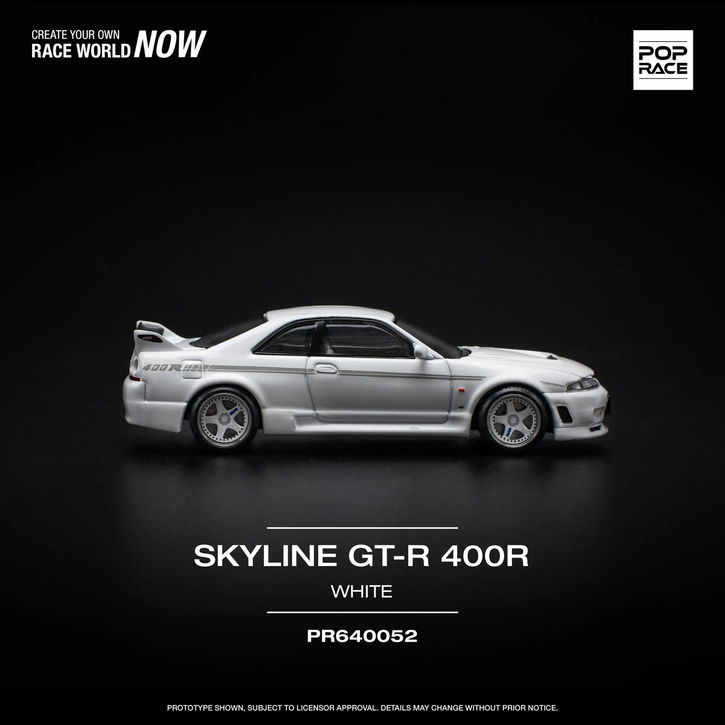Side profile of Pop Race Nissan GT-R R33 Nismo 400R model car unboxed