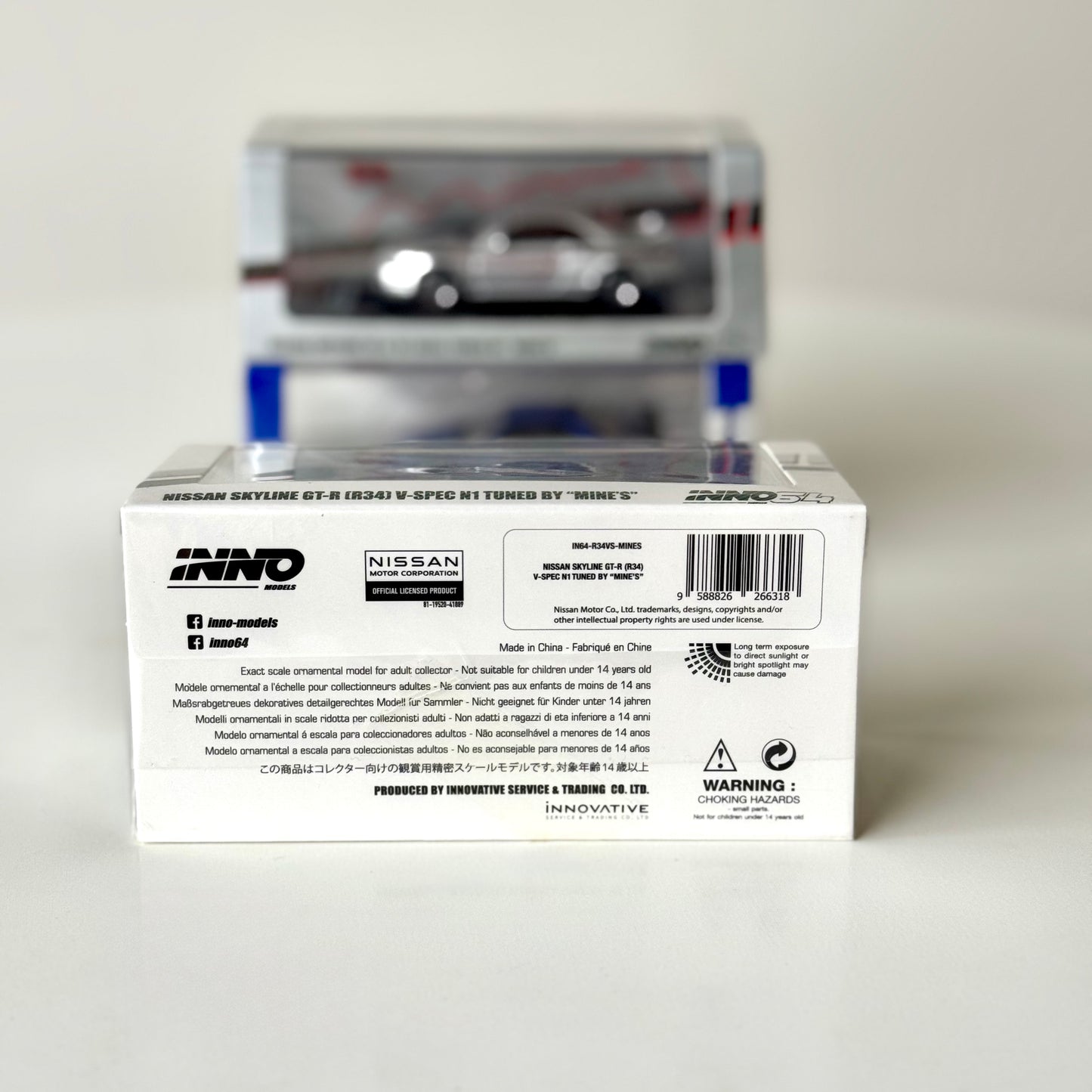 Back packaging of INNO64 Nissan GT-R R34 V-Spec N1 Mine’s White