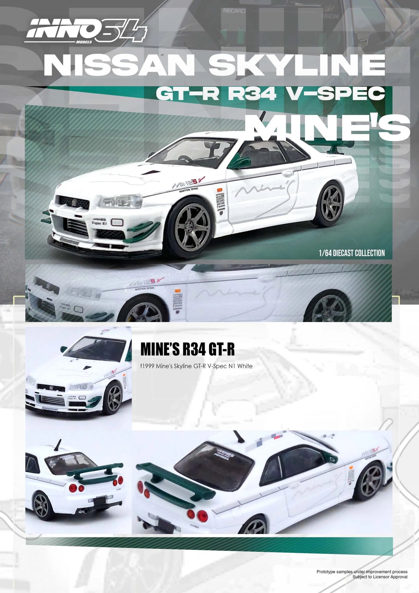 Nissan GT-R R34 Mine’s White 1:64 scale model in tuner garage diorama