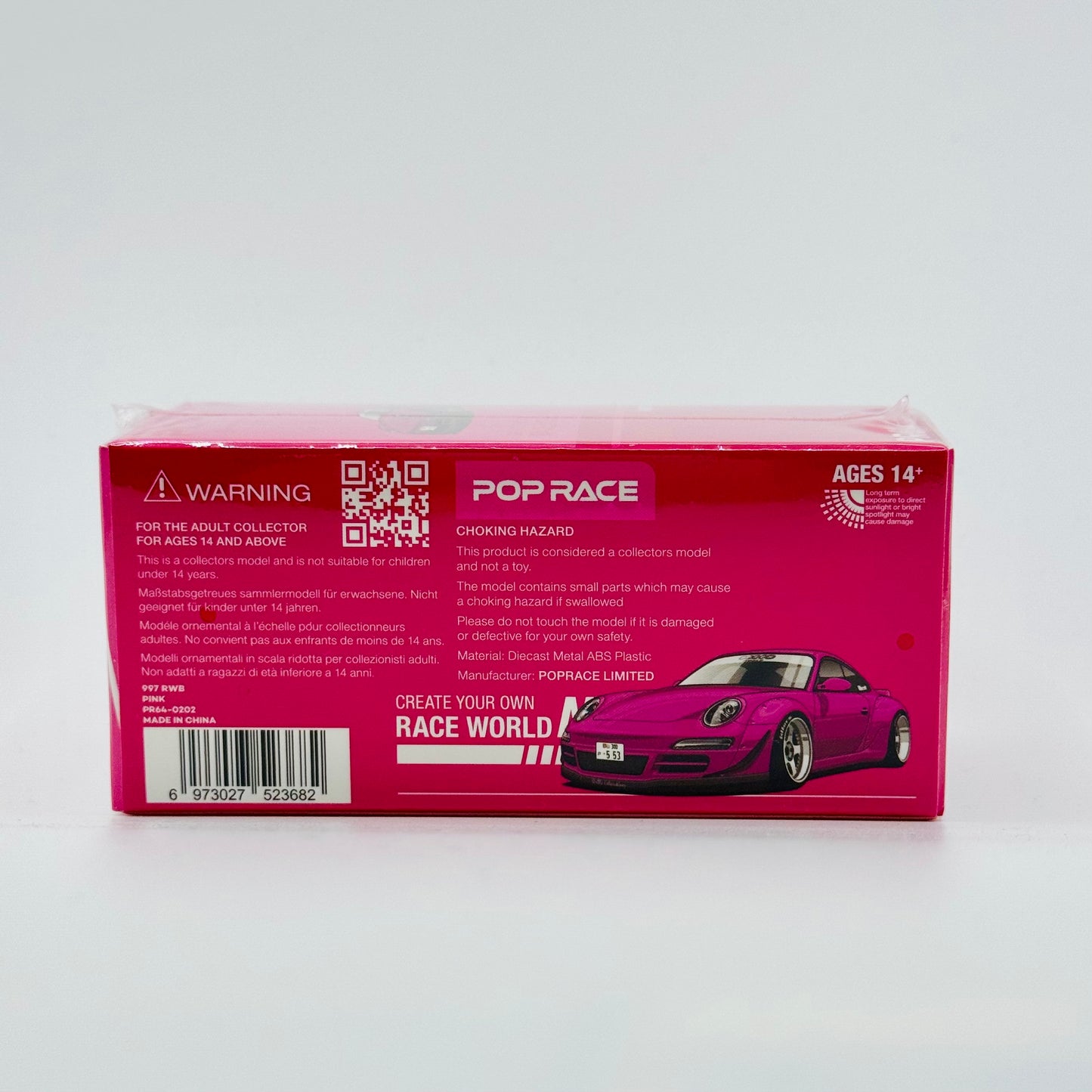 RWB 997 Pink Diecast Model Car 1:64 by Pop Race Boxed Rear View
