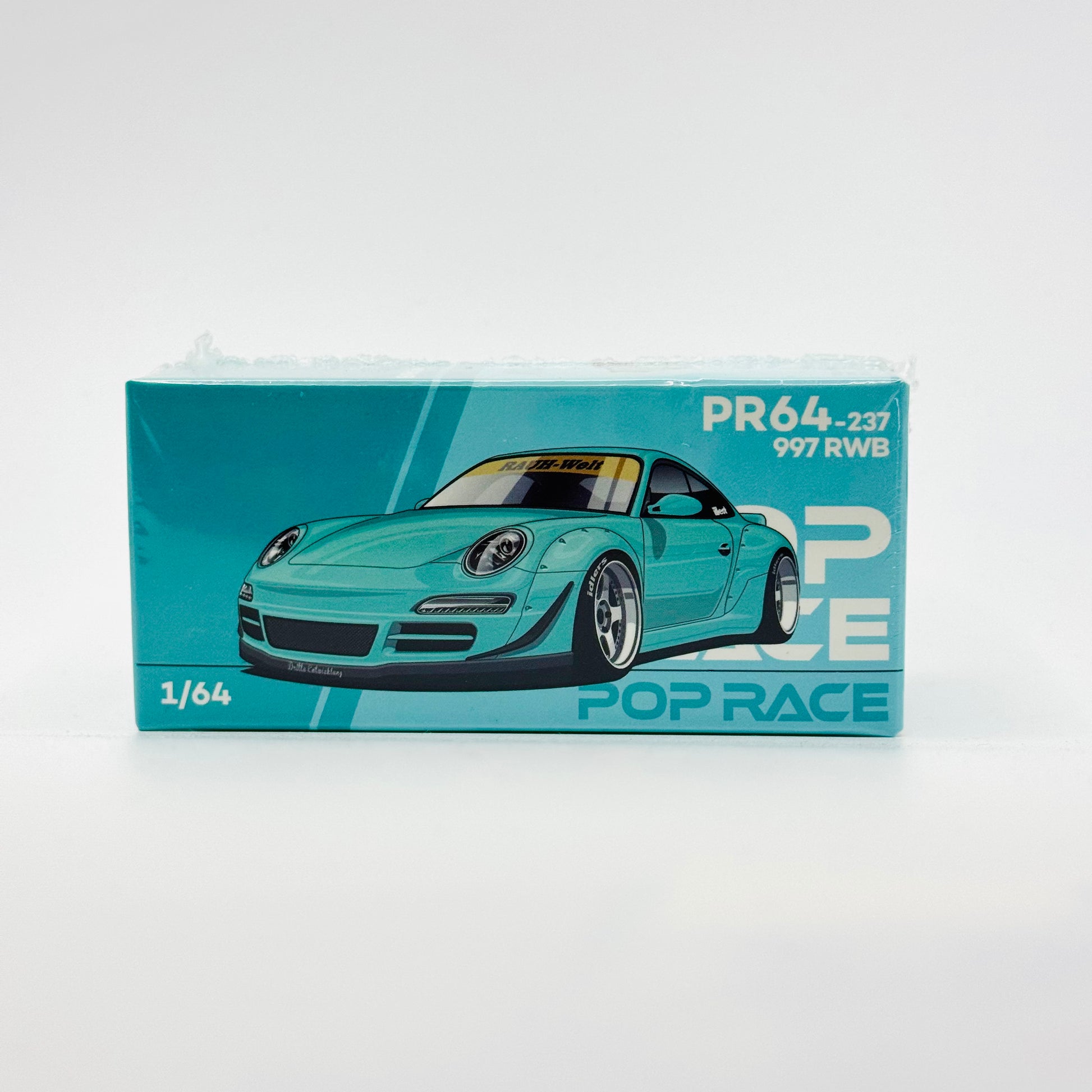 RWB 997 Tiffany Blue 1:64 Diecast Model Car by Pop Race Boxed Front View