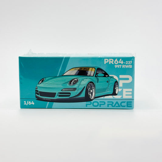 RWB 997 Tiffany Blue 1:64 Diecast Model Car by Pop Race Boxed Front View