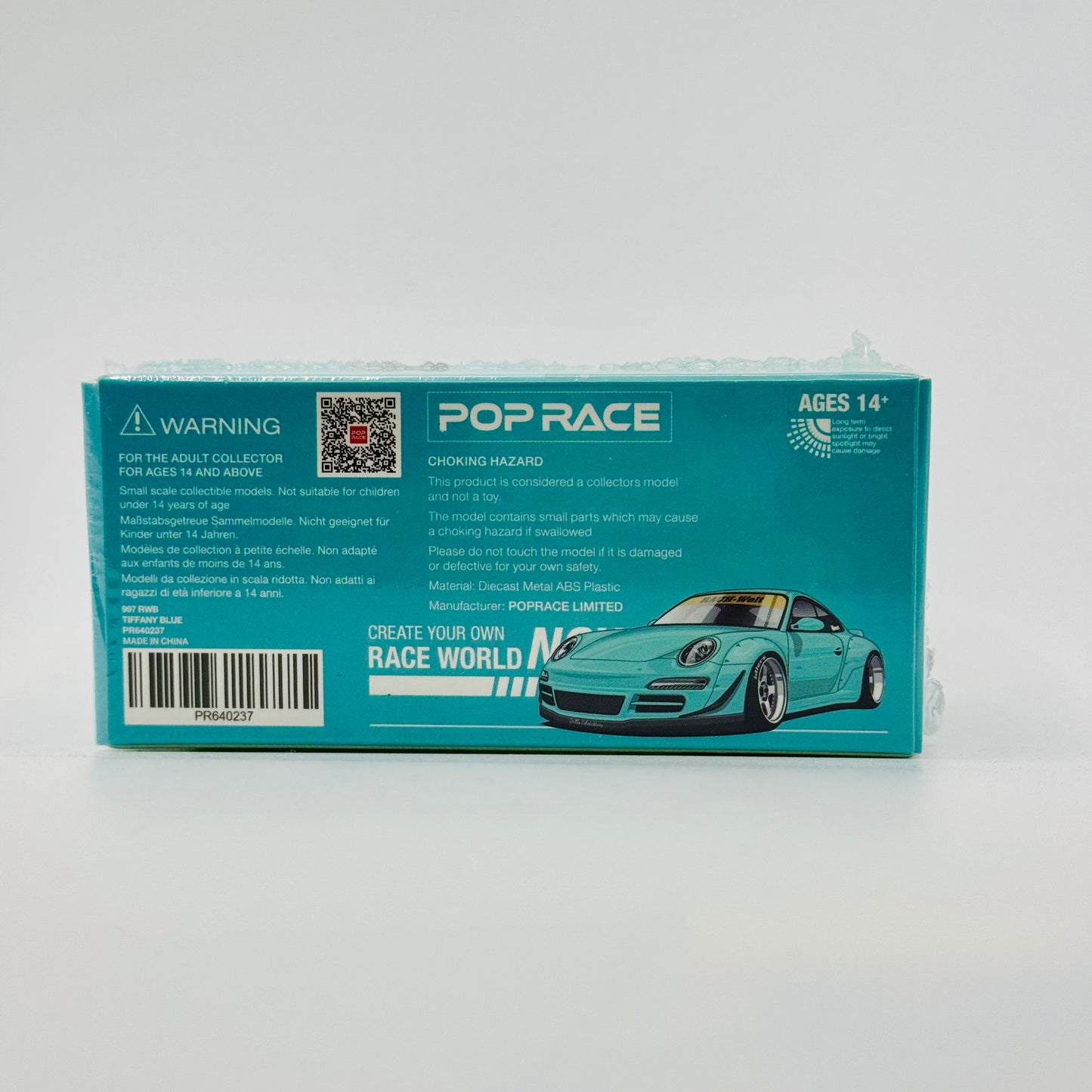 RWB 997 Tiffany Blue Diecast Model Car 1:64 by Pop Race Boxed Rear View