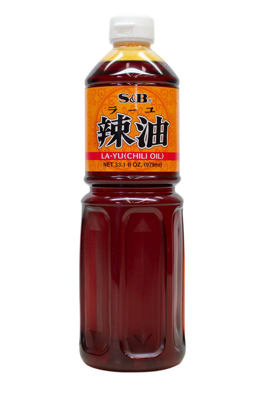 Bottle of S&B La-Yu Rayu Japanese chilli oil 979ml