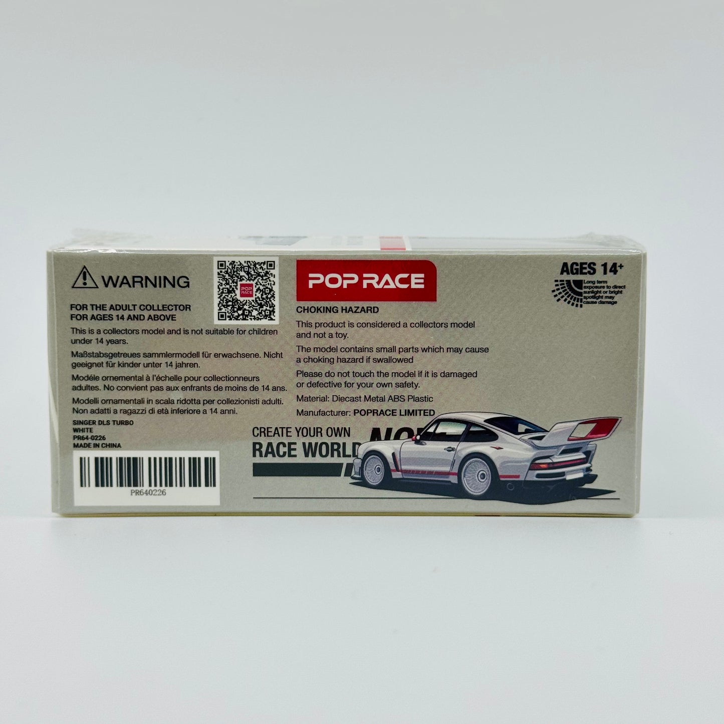 Rear packaging view of Pop Race Singer DLS Turbo Track White 1:64 scale model