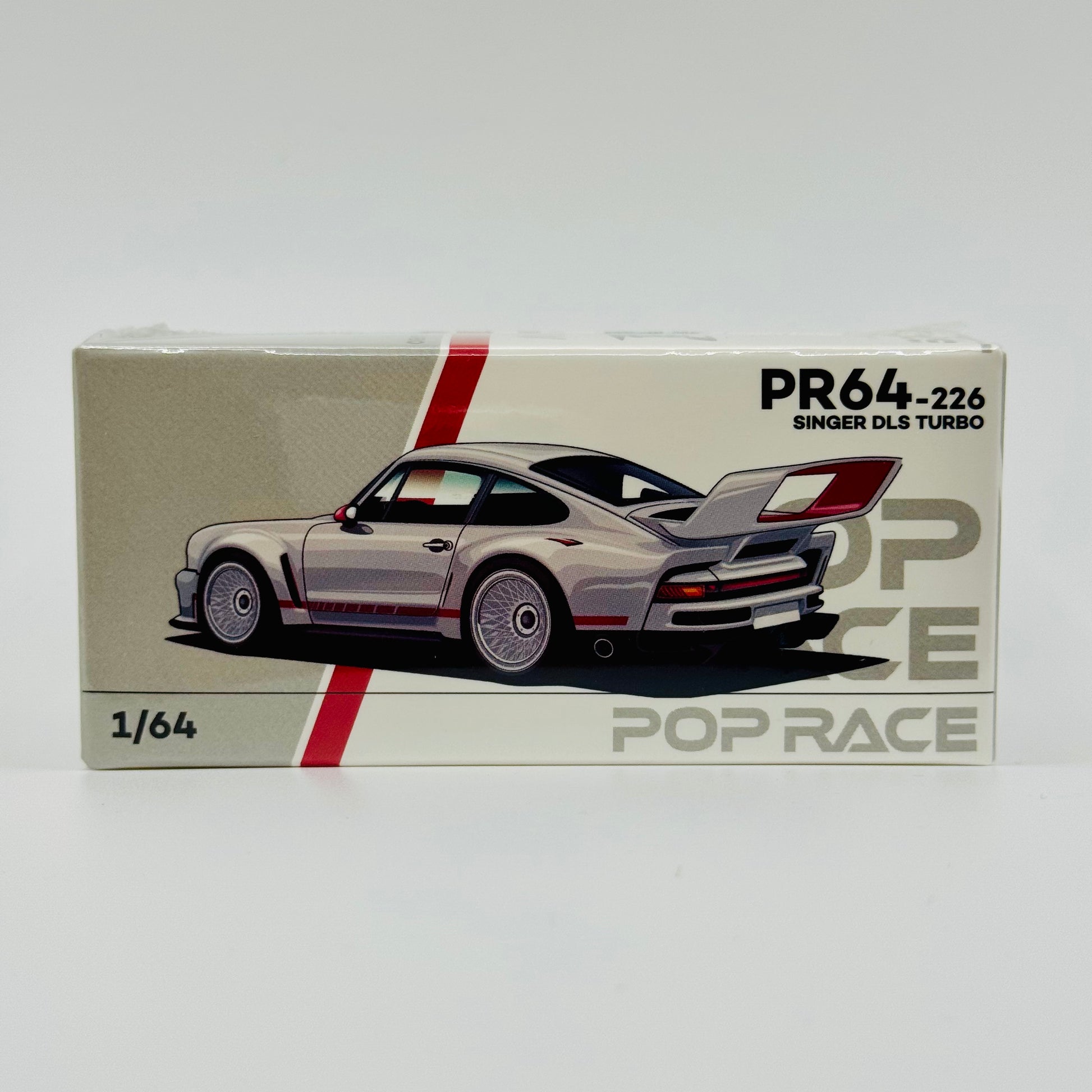Front boxed view of Pop Race Singer DLS Turbo Track White 1:64 diecast model