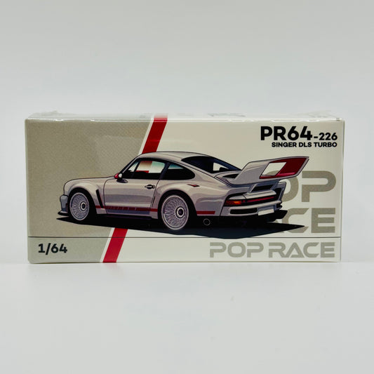 Front boxed view of Pop Race Singer DLS Turbo Track White 1:64 diecast model