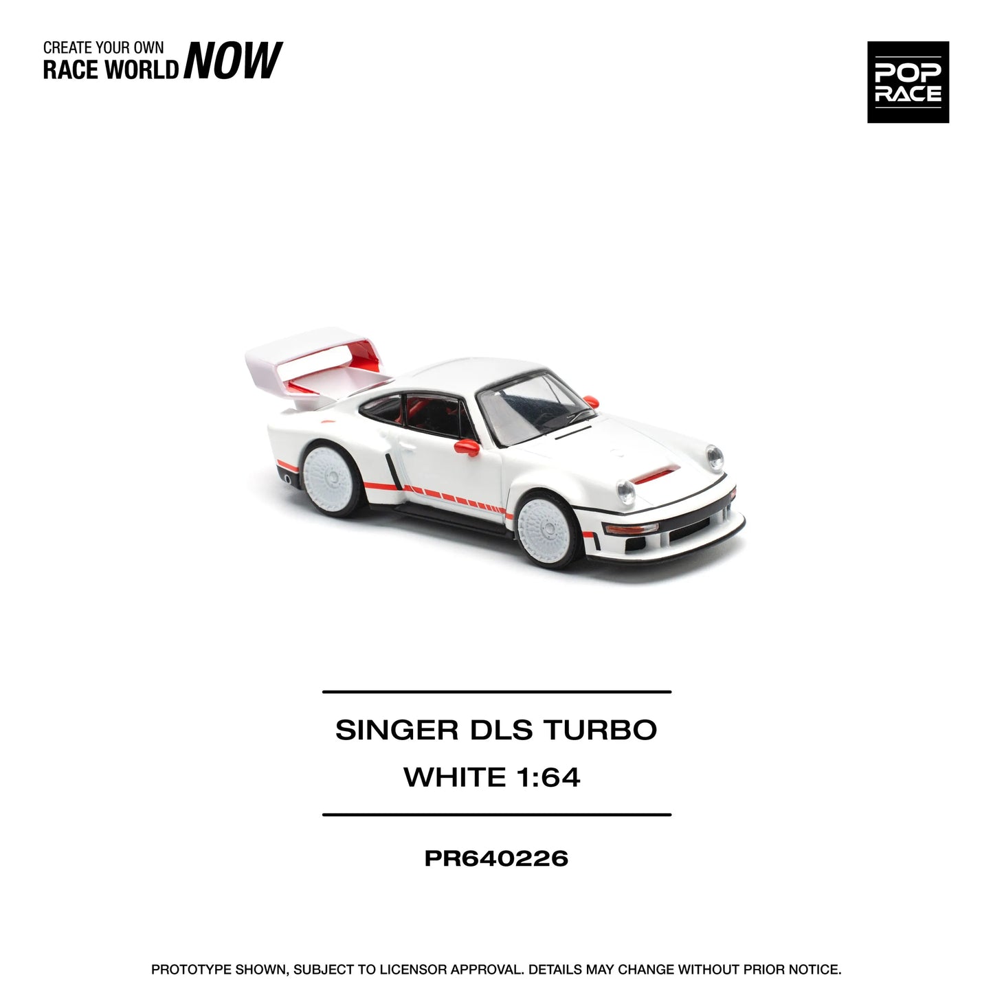 Front angled view of Pop Race Singer DLS Turbo Track White 1:64 diecast model