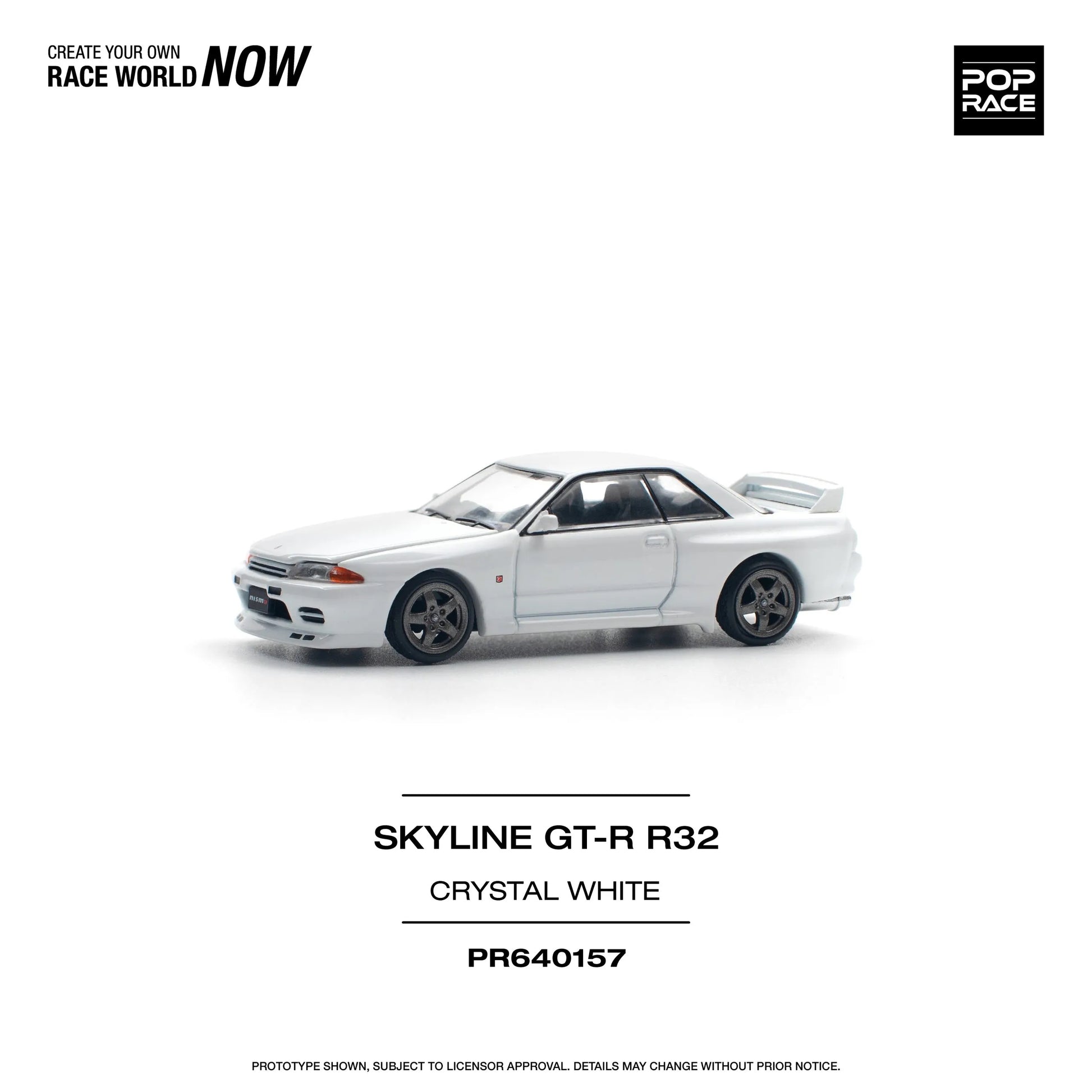 Angled view showing body lines of Pop Race R32 model unboxed