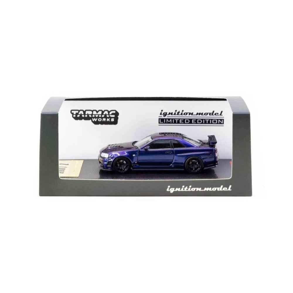 Tarmac Works x Ignition Model Nismo R34 GT-R Z-Tune Midnight Purple III boxed front angle