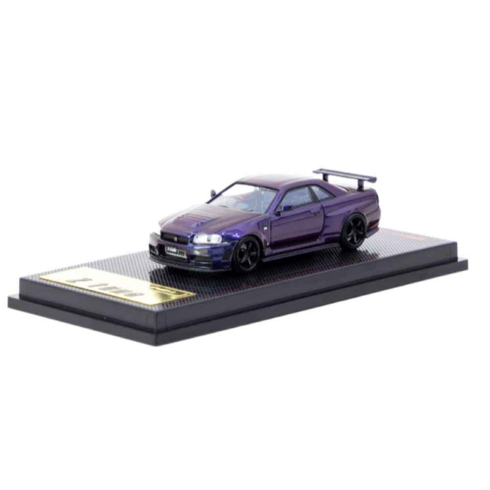 Tarmac Works Ignition Model Nismo R34 GT-R Z-Tune Midnight Purple III 1:64 diecast front angle