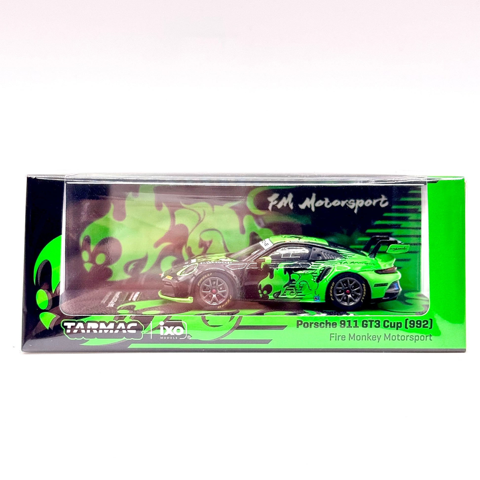 Tarmac Works Porsche 911 GT3 Cup 992 Fire Monkey Motorsport box front 1:64 diecast model car