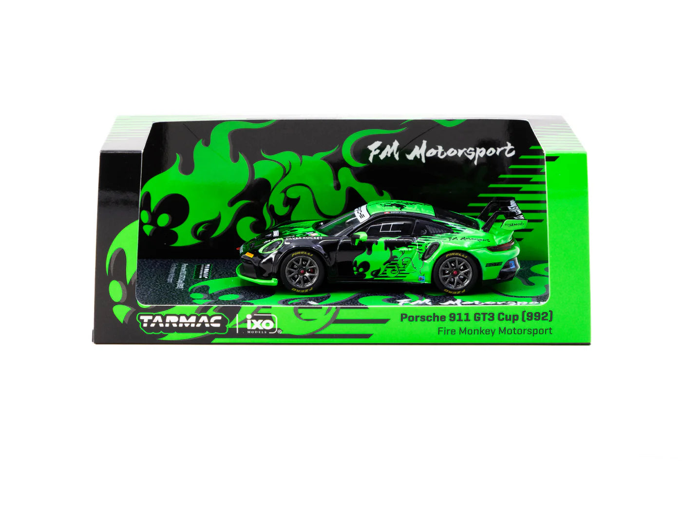 Tarmac Works Porsche 911 GT3 Cup 992 Fire Monkey Motorsport box front 1:64 diecast model car