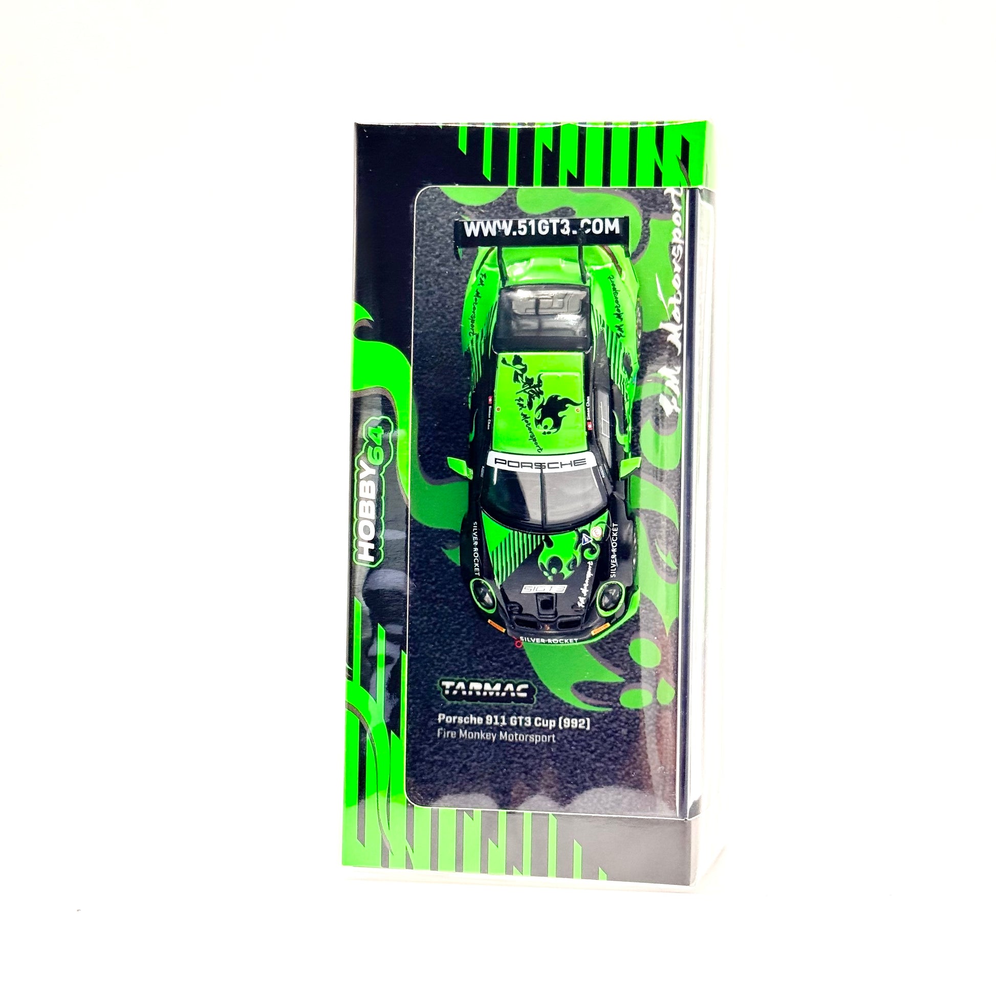 Porsche 911 GT3 Cup 992 Fire Monkey Motorsport packaging display Tarmac Works diecast