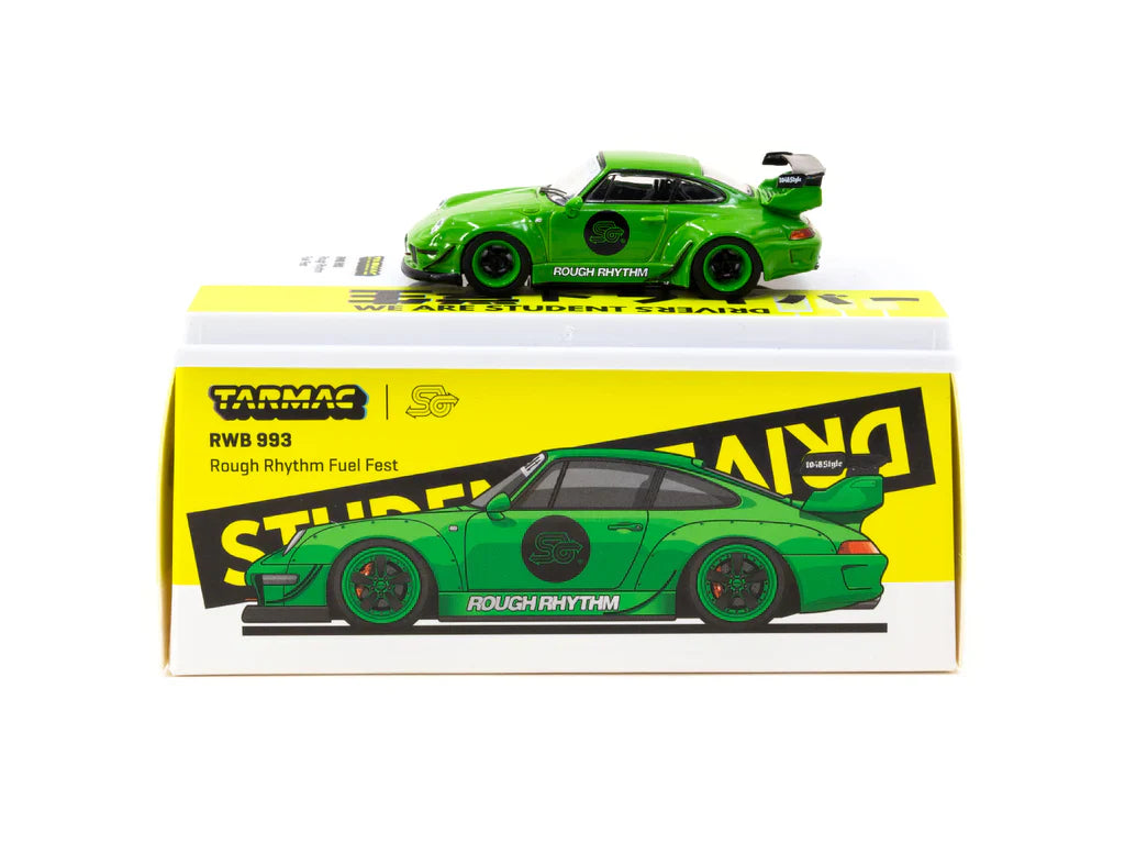 Tarmac Works T64-017-SD Porsche RWB 993 Rough Rhythm FuelFest 1:64 diecast box front and unboxed
