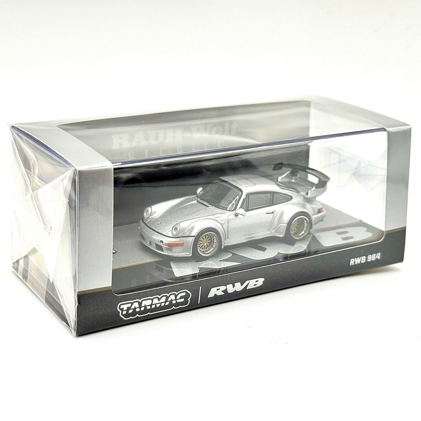 Porsche RWB 964 Silver Tarmac Works packaging angled view