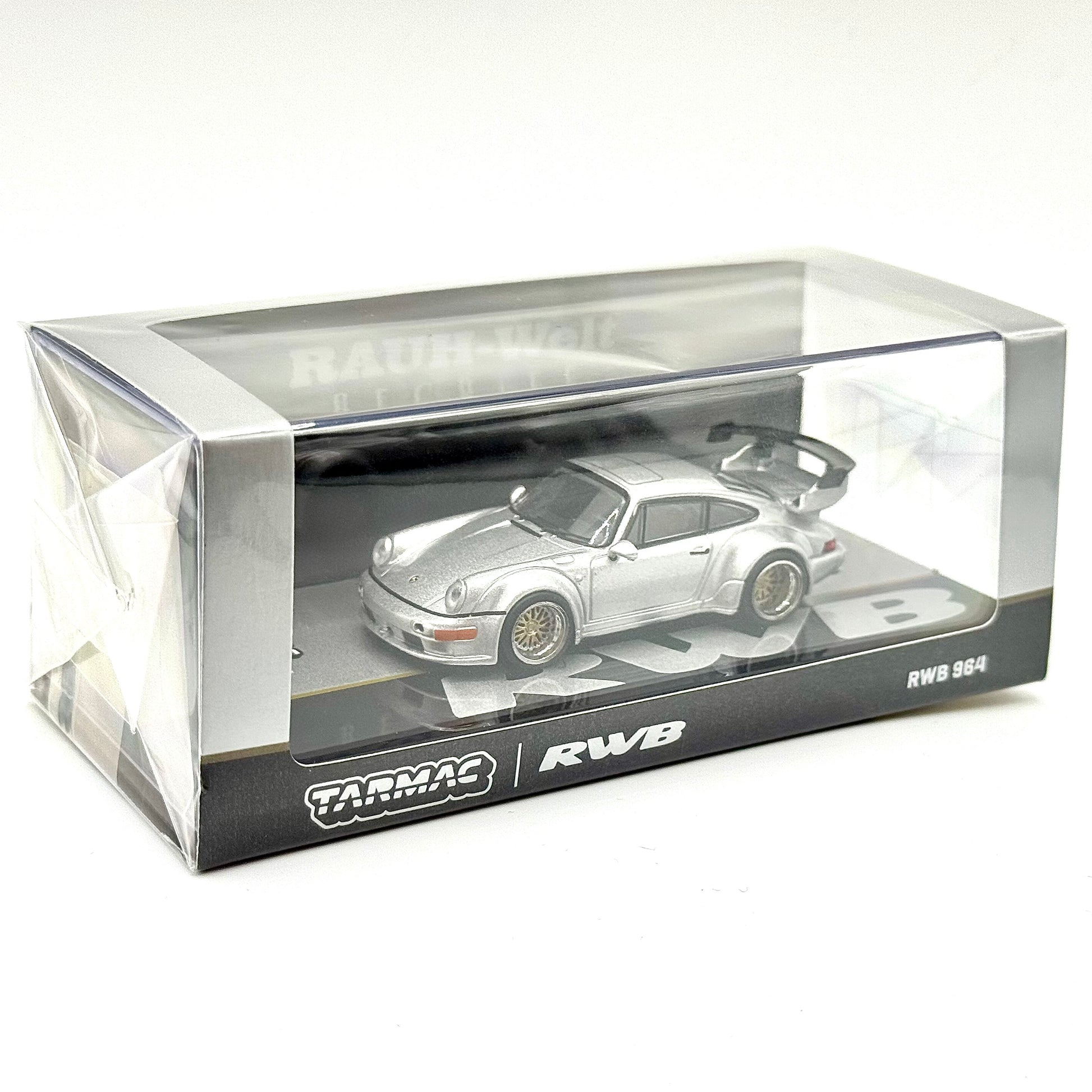 Porsche RWB 964 Silver Tarmac Works packaging angled view